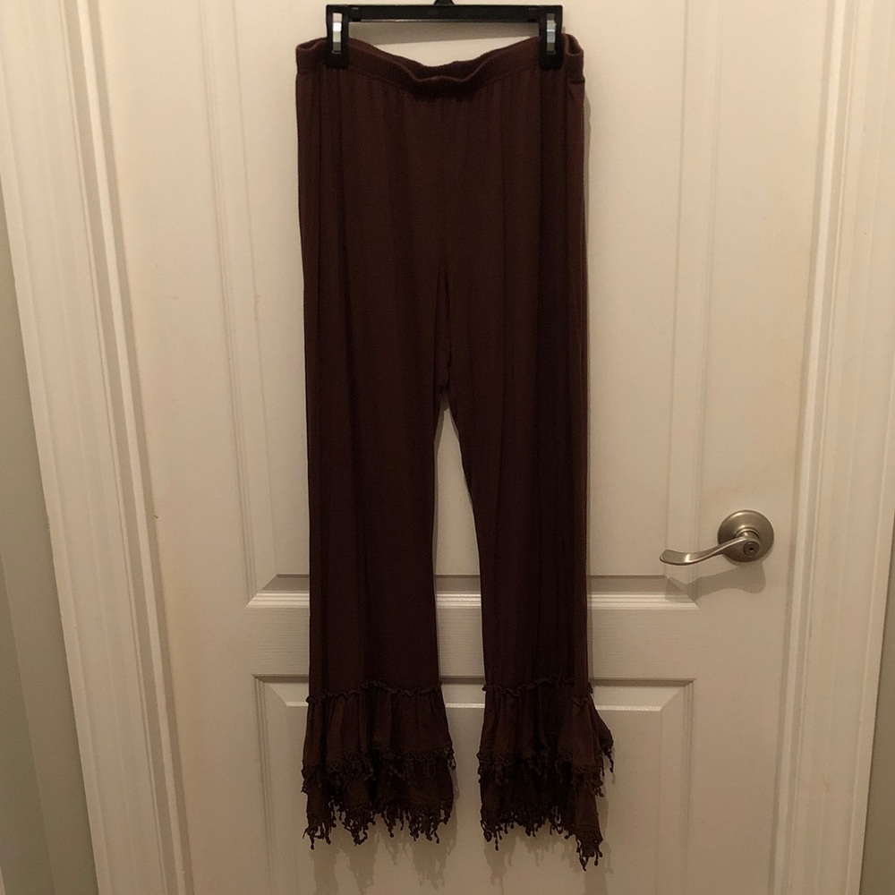 Unique Stretch Brown Lace Hem Women's Pants